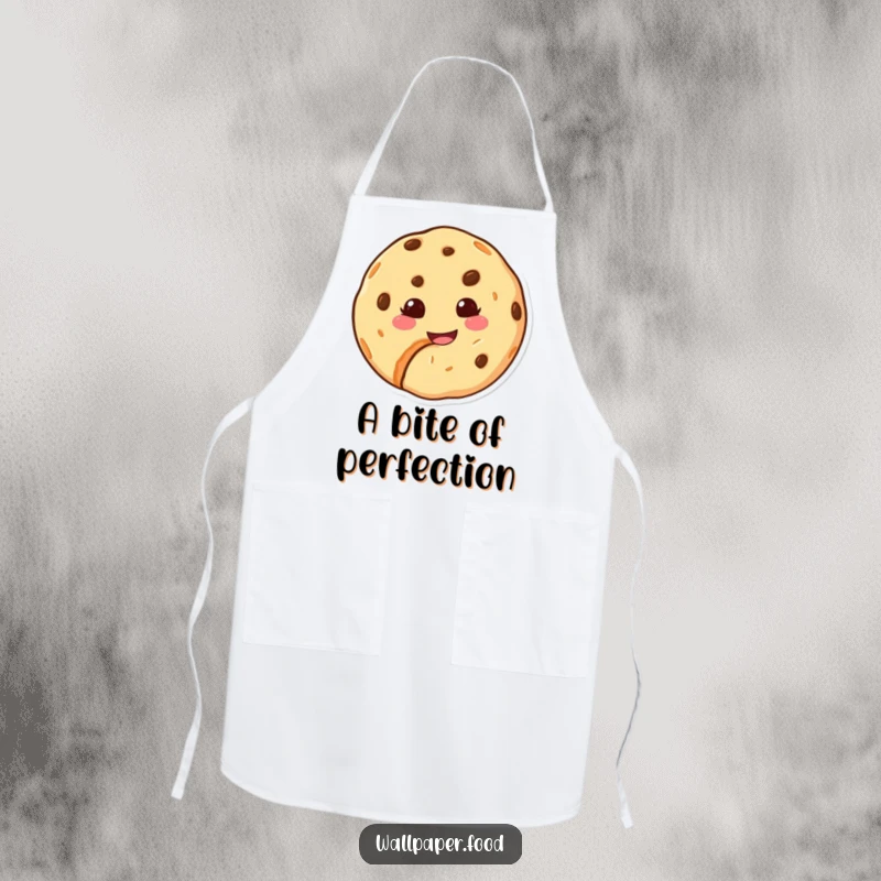 Funny apron illustrated with a happy cookie character with a bite taken out and a sweet grin, ready for baking fun.