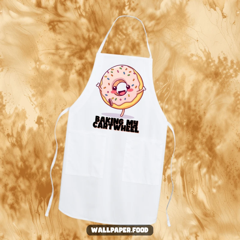 Funny donut apron character with sprinkles doing a delightful cartwheel. A fun and functional kitchen accessory.