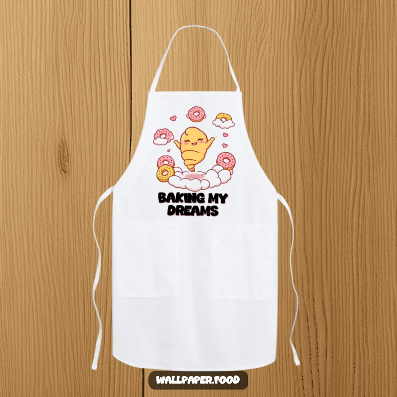 Funny croissant baker apron showing a giggling croissant character twirling happily amongst donut clouds, ready to bake delights.