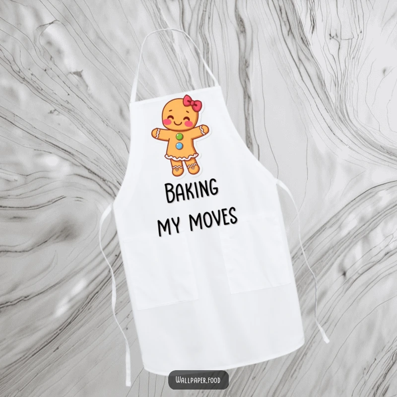 Funny apron depicting a gingerbread person with candy buttons dancing with pure delight, ideal for festive cooking and baking.