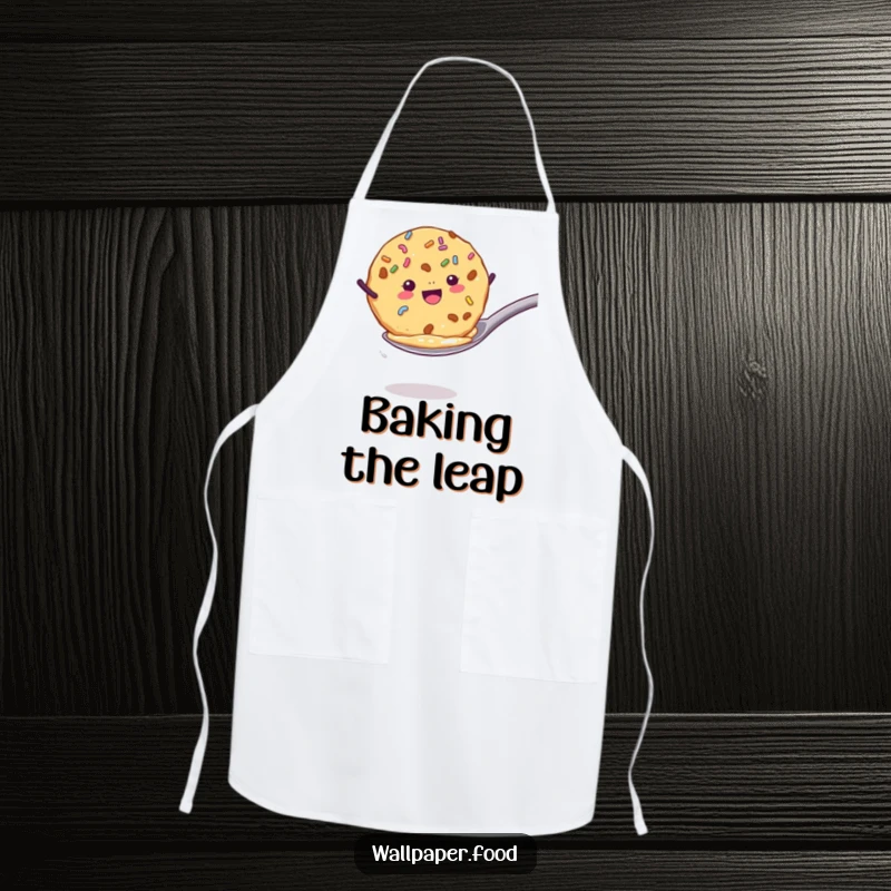 Funny apron showing a cookie with sprinkles enthusiastically jumping from a spoon, perfect for adding baking fun. A funny gift.