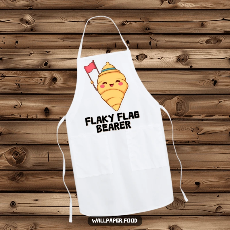Funny apron showing a cheerful croissant wearing a jaunty hat and waving a tiny flag, perfect for adding baking fun. A funny gift.