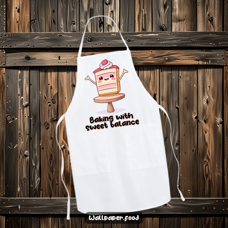 Funny Apron: A cheerful cake slice in a balancing act, designed to bring humor to the kitchen and make a funny gift.
