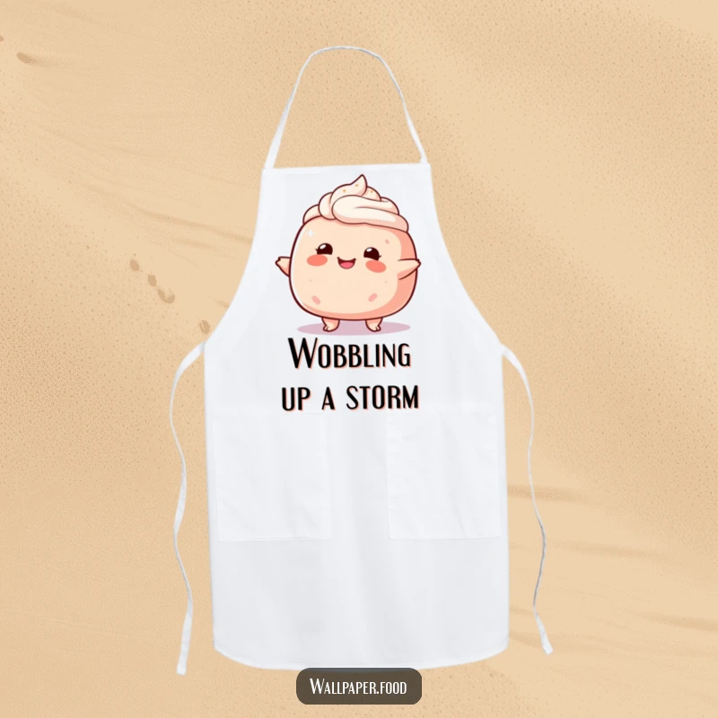 Funny plump cake character apron, happily wobbling while baking, bringing sweet joy to the kitchen.