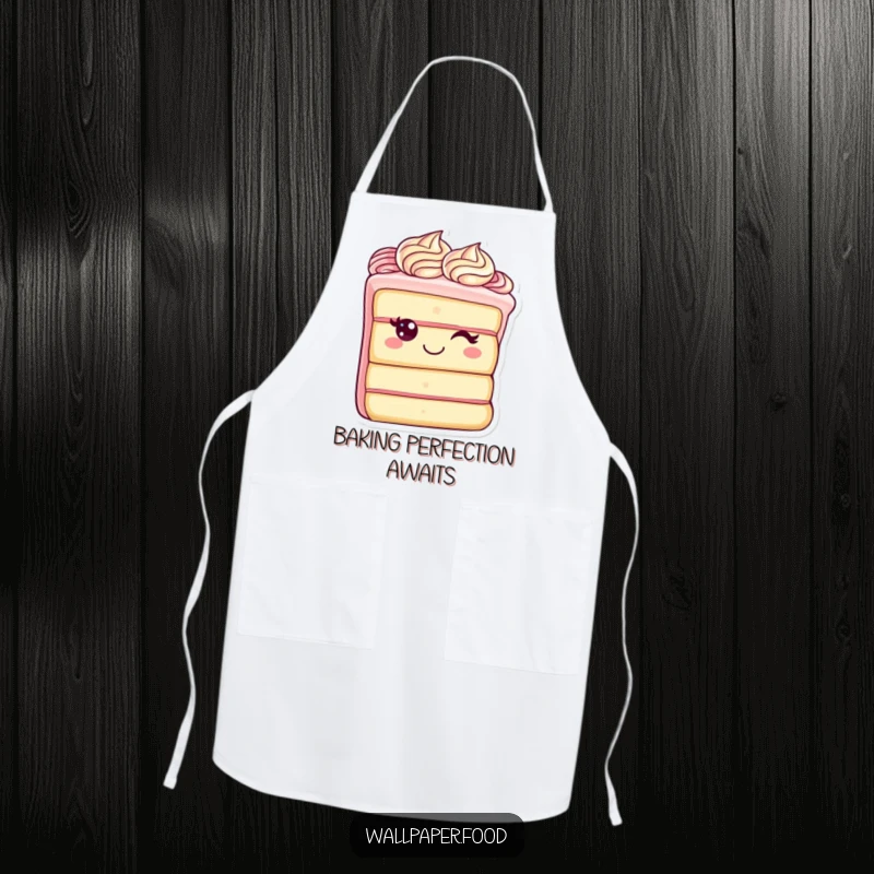 Funny apron showcasing a cheerful cake slice character with elegant frosting swirls, ready to protect your clothes with a smile while cooking.