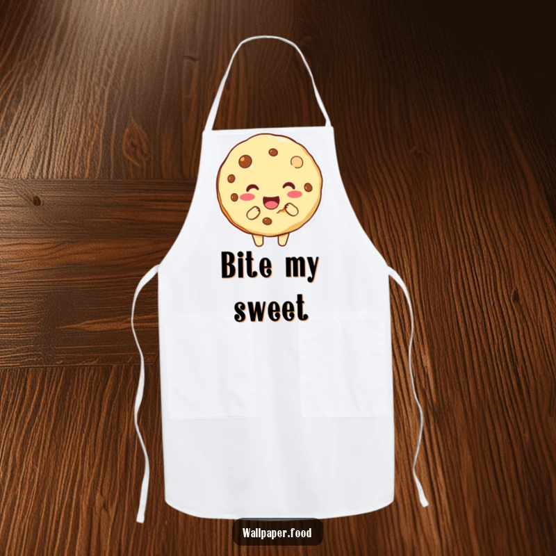 Funny apron featuring a delightful cookie character with a bite taken, ideal for kitchen fun and a humorous cooking experience.