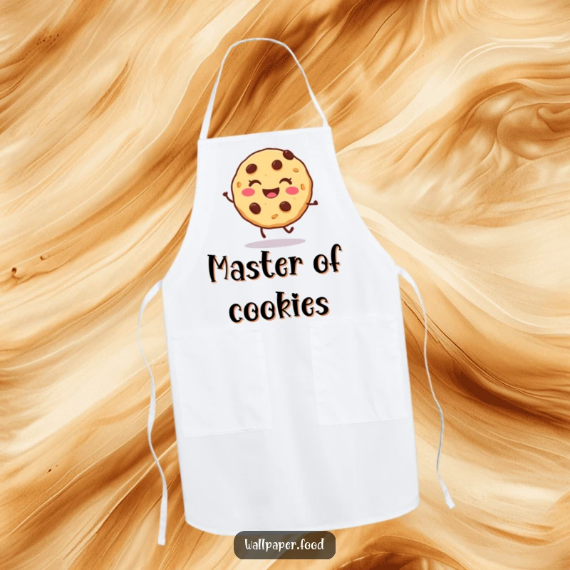 Funny cookie apron showing a smiling character doing a joyful hop, perfect for a fun baking experience.