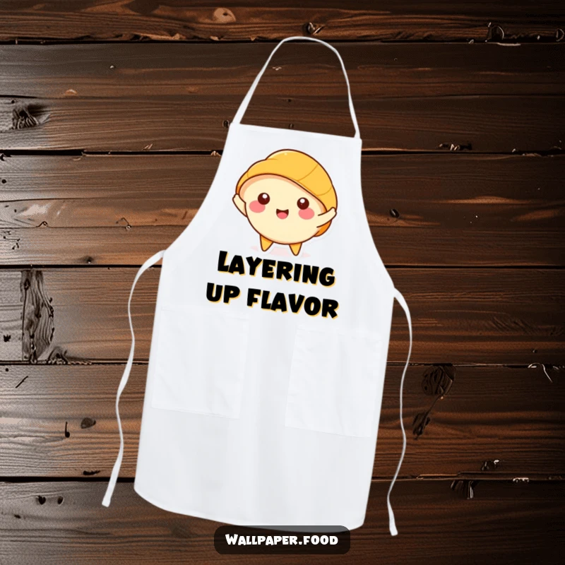 Funny Croissant Apron: Happy character happily stretching its layers, a humorous and practical kitchen accessory.