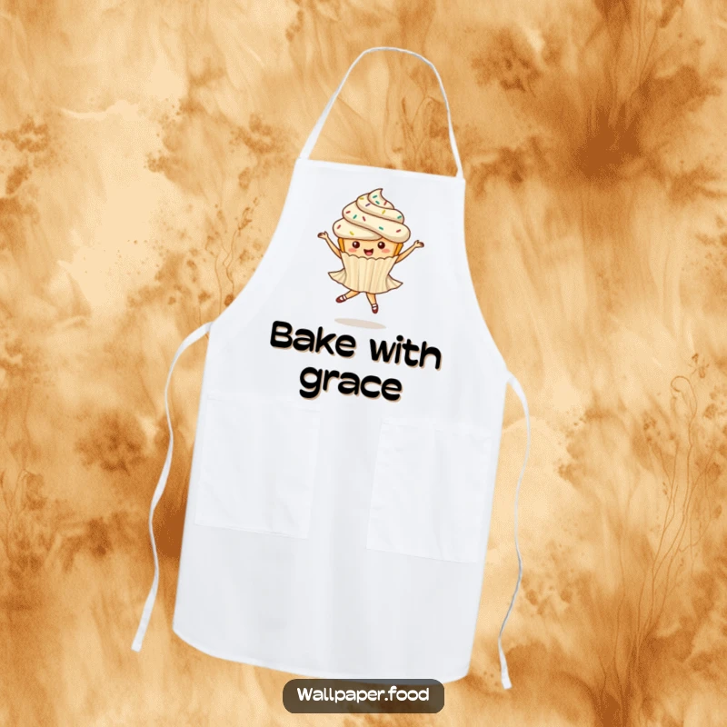 Funny apron with a whimsical cupcake with sprinkles performing a ballet twirl, ready for sweet baking creations.