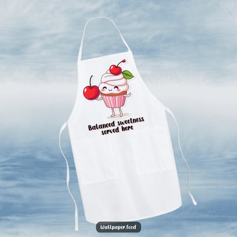 Funny apron illustrated with a smiling cupcake character balancing a giant cherry, ready for kitchen fun and baking.