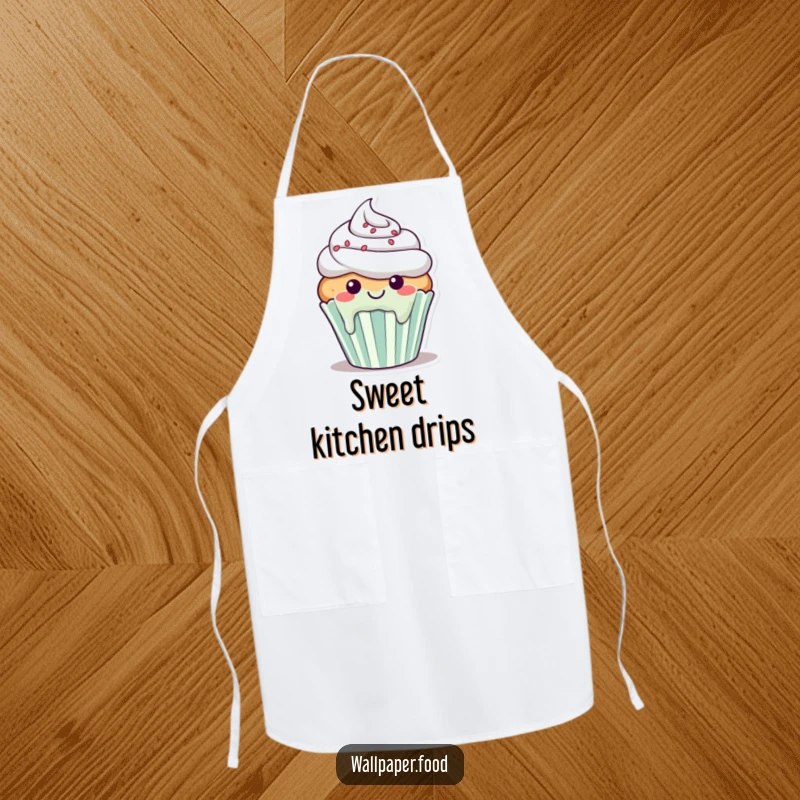 Funny apron showing a smiling cupcake character with frosting happily dripping down its sides, ready for baking.