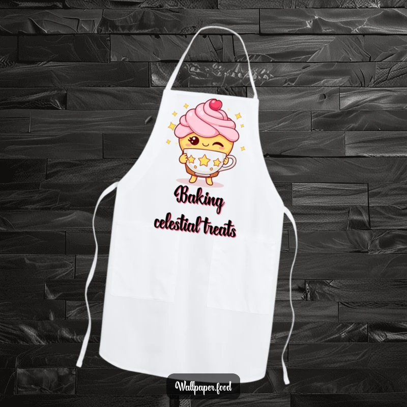 Funny cupcake baker apron showing a winking cupcake character offering a teacup made of stars, ready to bake enchantments.