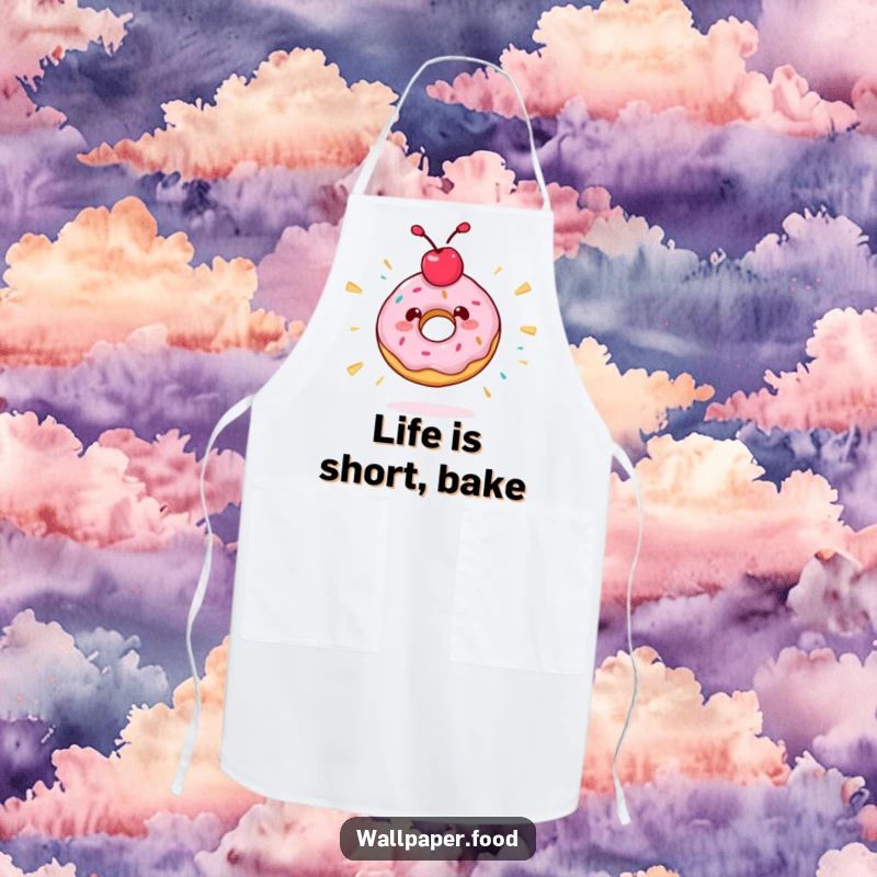 Funny apron featuring a donut character with a cherry topping spinning madly, adding a humorous touch to your baking adventures.
