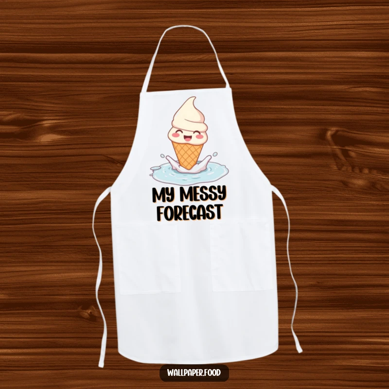Funny ice cream cone apron character cheerfully splashing in a puddle. A fun and functional kitchen accessory.