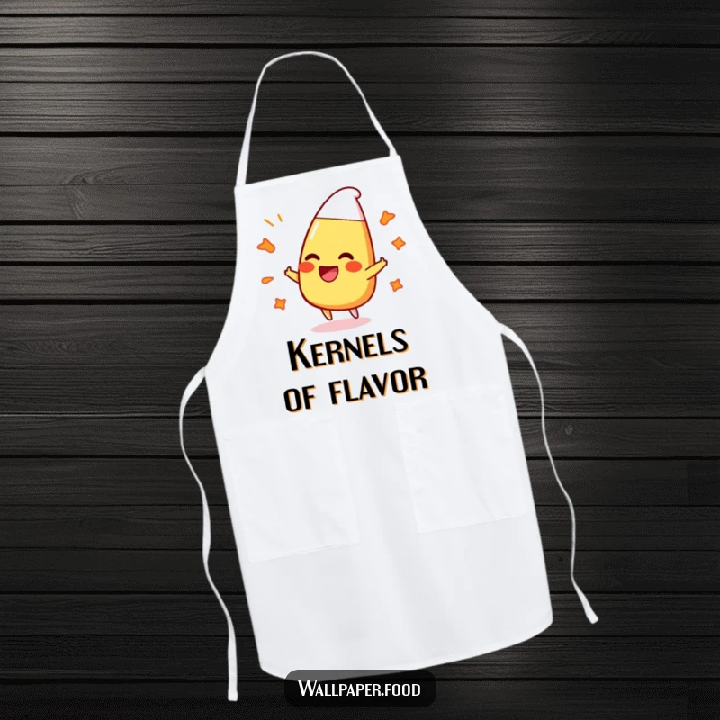 Funny apron showcasing a gleeful candy corn character laughing while bouncing off vibrant, bubbly patterns, perfect for cooking.