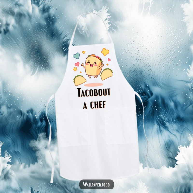 Funny taco chef apron showing a smiling taco character dancing enthusiastically, amidst floating taco shapes, ready to cook up a storm.