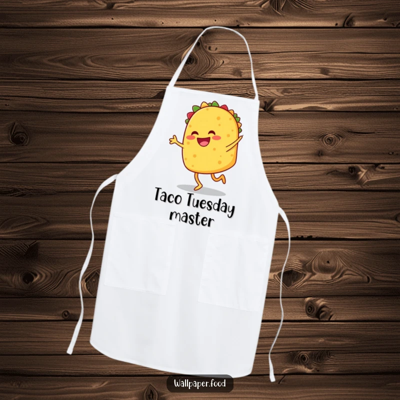 Funny apron showing a smiling taco with legs performing a jig, perfect for adding fiesta fun to cooking and baking. A funny gift.