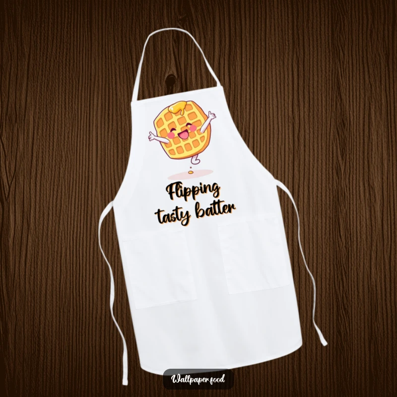 Funny apron depicting a syrup-covered waffle character gleefully attempting a cartwheel, perfect for cooking with humor.