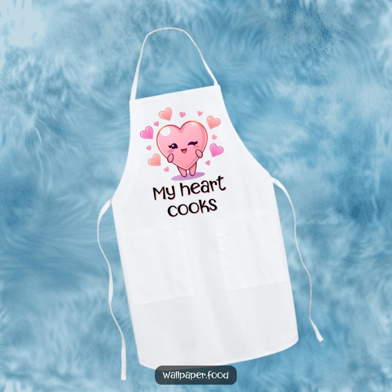 Funny apron with a charming candy heart character winking, surrounded by a delightful glow of colorful candy shapes.