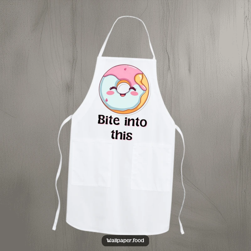 Funny donut apron featuring a happy winking character missing a bite, perfect for a cheerful cook or baker.