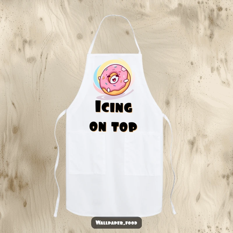 Funny donut baker apron showing a happy donut character rolling with delight through a colorful swirl, ready to bake treats.