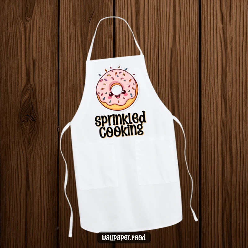 Funny apron showing a cheerful donut character with a halo made of colorful sprinkles, ready for baking.