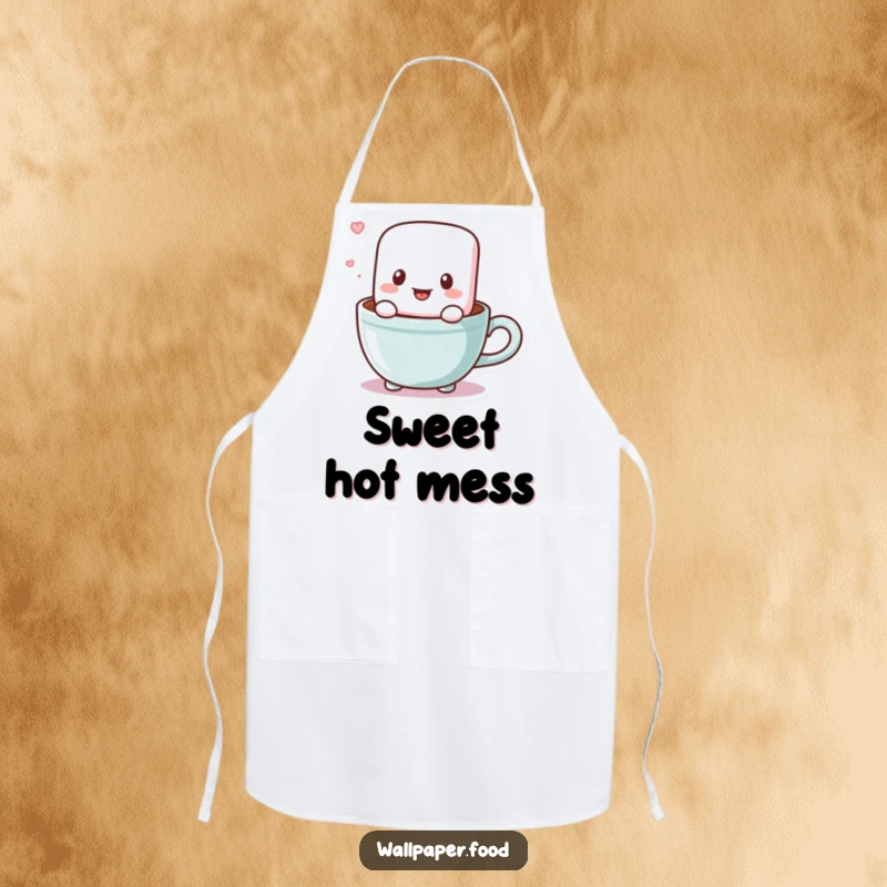 Funny apron showcasing a playful marshmallow character bouncing in a cocoa cup, perfect for adding humor and sweetness to cooking.