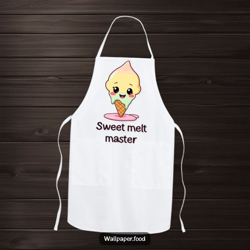 Funny apron showcasing a cheerful ice cream cone character melting slightly, perfect for adding humor and sweetness to cooking sessions.