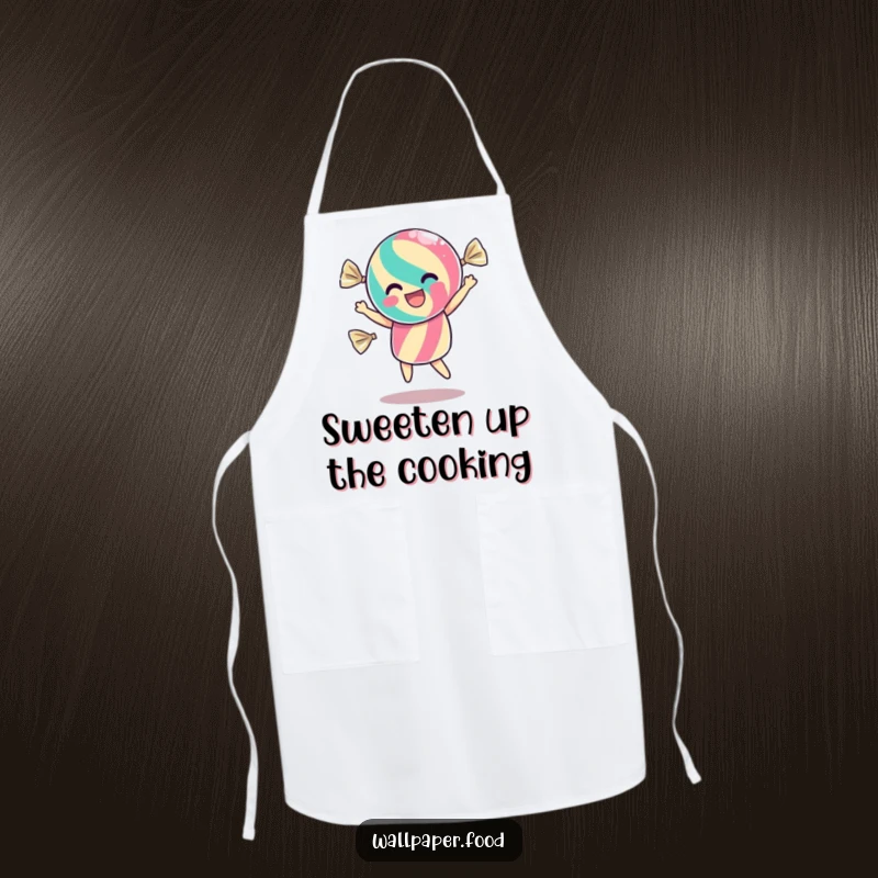 Funny apron showcasing a dancing candy character inside its wrapper, shimmering with excitement, perfect for adding sweet humor to cooking.