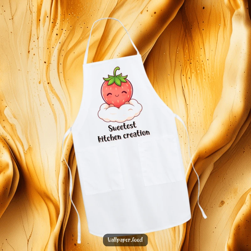 Funny blushing strawberry character on a cream cloud, featured on a kitchen apron for sweet and funny cooking.