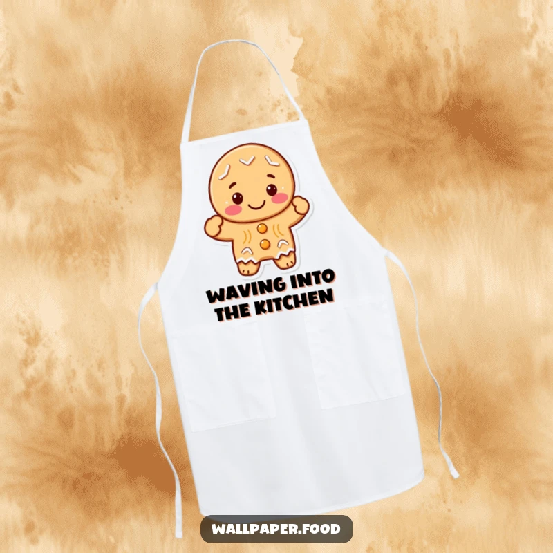 Funny gingerbread cookie character wearing an apron and waving, ready to help in the kitchen, printed on a functional apron.