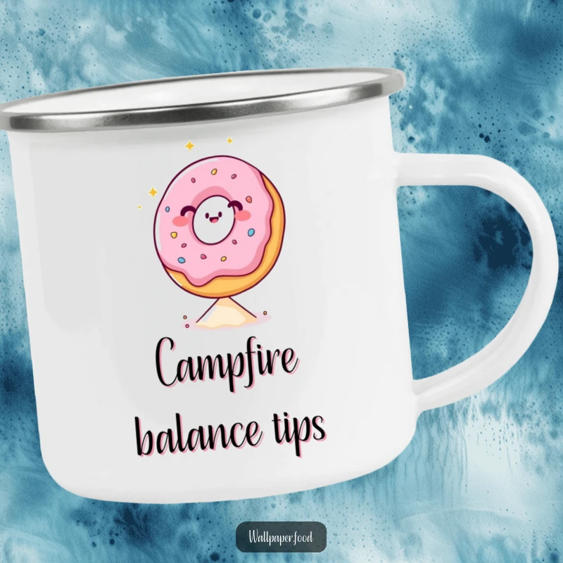 Funny camping mug showing a happy, sparkling donut character balancing perfectly on a sprinkle, ready for any adventure.