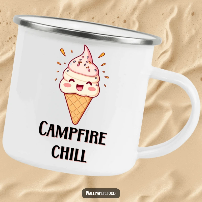 Funny durable camping mug featuring a delighted ice cream cone character with a sprinkle eruption, perfect for outdoor treats.