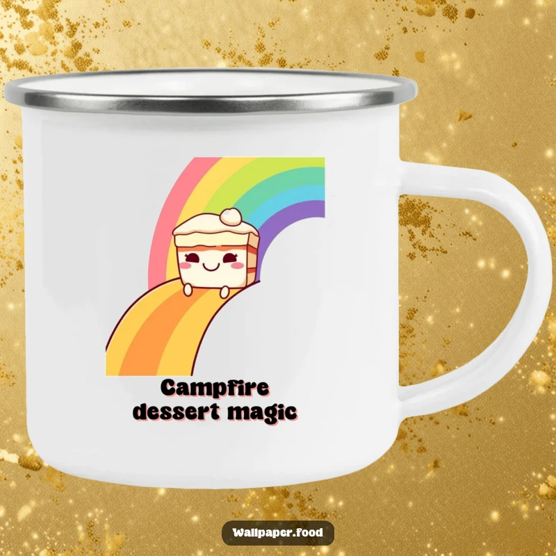 Funny camping mug featuring a grinning cake character sliding down a vibrant rainbow, perfect for enjoying drinks on the go with a sweet vibe.