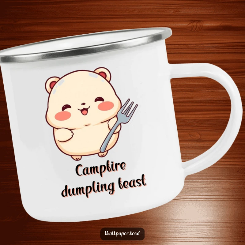 Funny camping mug featuring a proud dumpling with rosy cheeks holding a small fork, perfect for enjoying drinks outdoors with foodie flair.