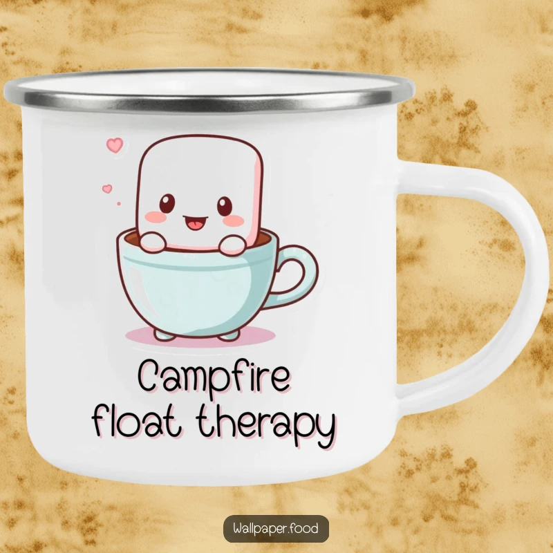 Funny camping mug with a cheerful marshmallow character bouncing in a cocoa cup, perfect for outdoor adventures and humorous refreshment.