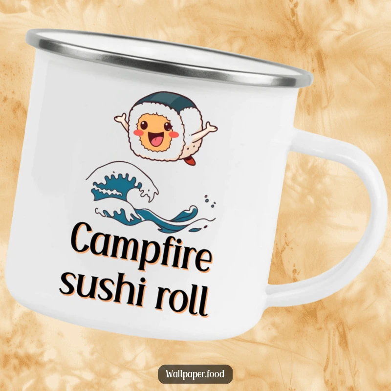 Funny sushi camping mug with a cheerful sushi roll character leaping over stylized waves, celebrating outdoor adventures.