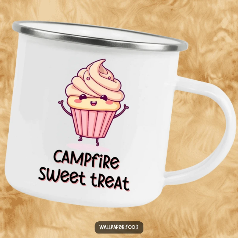 Funny cupcake camping mug featuring a cute character doing a whimsical spin, ideal for outdoor treats and fun.
