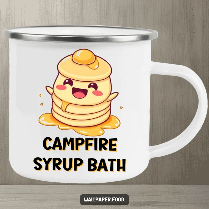 Funny Camping Mug: A happy pancake character sloshing in syrup, perfect for adding funny cheer to outdoor adventures and warm drinks.