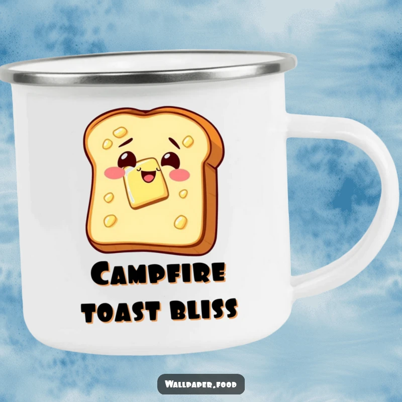 Funny camping mug featuring a slice of buttered toast wiggling with glee, perfect for enjoying drinks outdoors with a breakfast vibe.