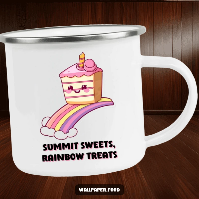 Durable funny grinning cake camping mug sliding down a rainbow, perfect for outdoor sweetness and humor. Great funny gift.