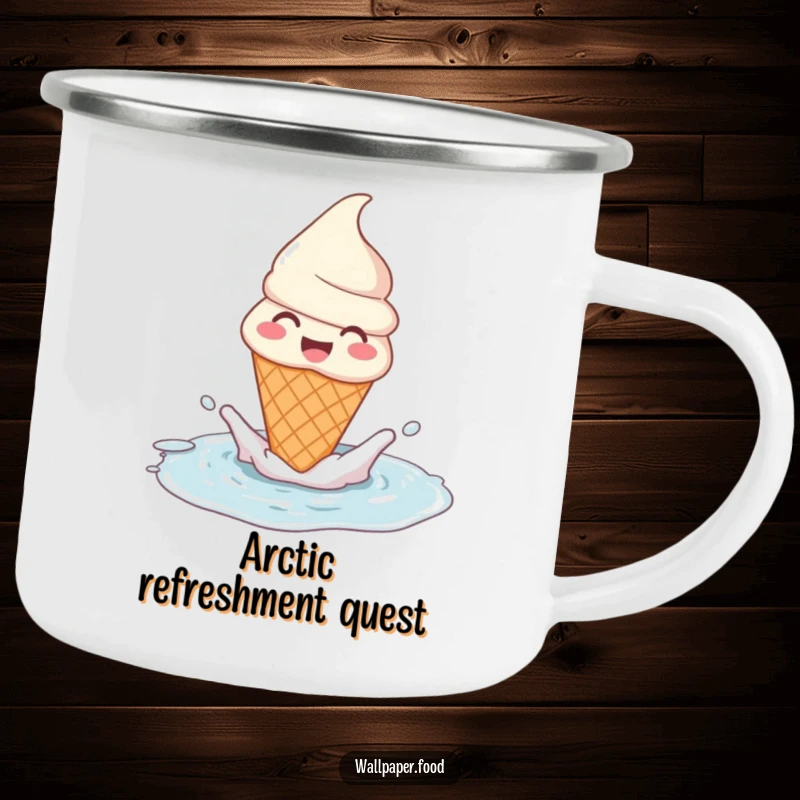 Funny ice cream cone camping mug cheerfully splashing in a puddle, ready for outdoor adventures and hot beverages.