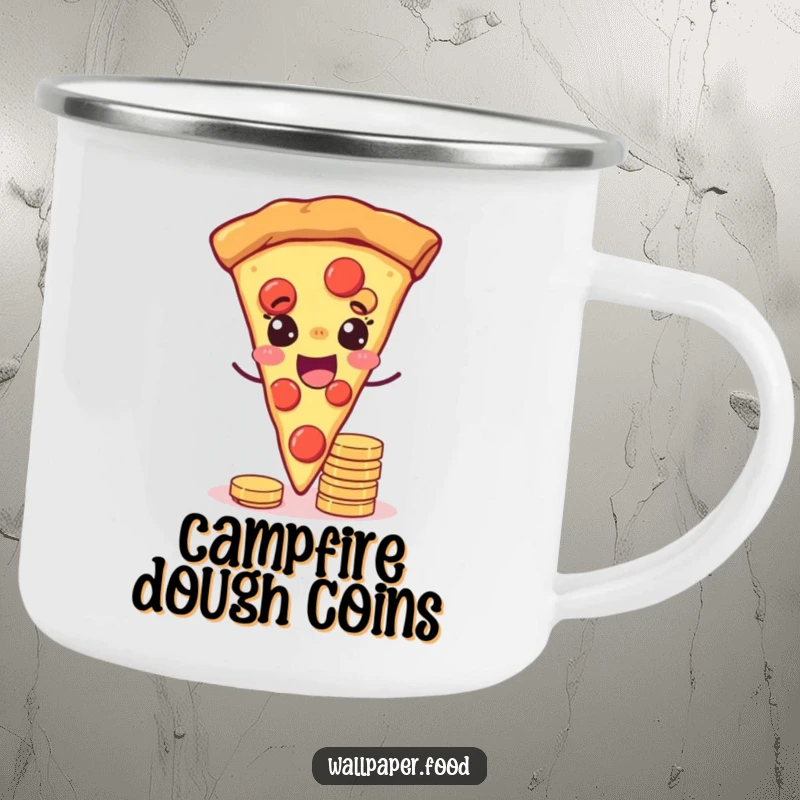 Funny camping mug featuring a joyful pizza slice winking while balancing coins, ideal for outdoor enjoyment and lucky sips.