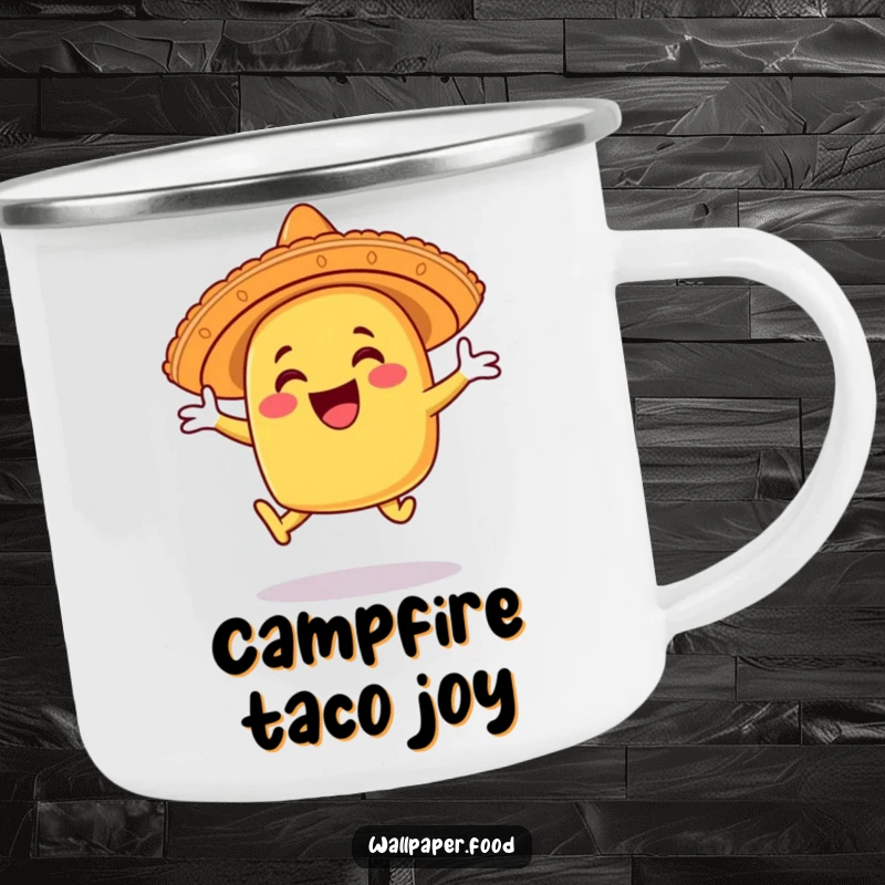 Funny taco camping mug character wearing a sombrero and leaping joyfully, ready for outdoor fun and tasty brews.
