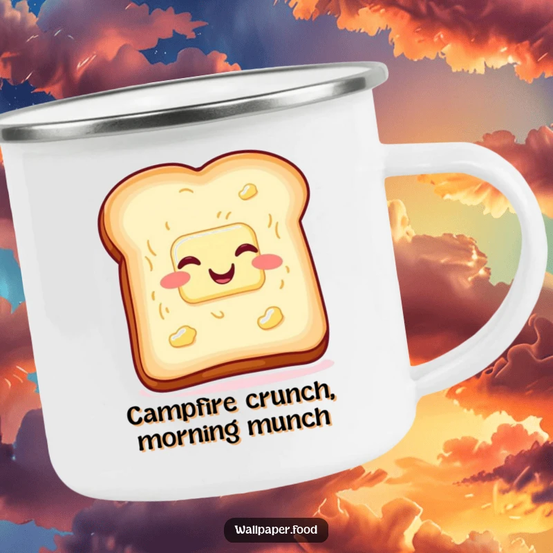 Durable funny toast and butter camping mug, wiggling with glee, perfect for outdoor breakfast humor. Great funny gift.