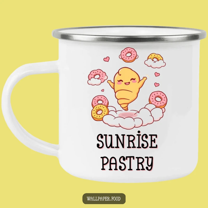Funny Croissant Camp Mug - Giggling Pastry Character Donut Cloud Adventure!