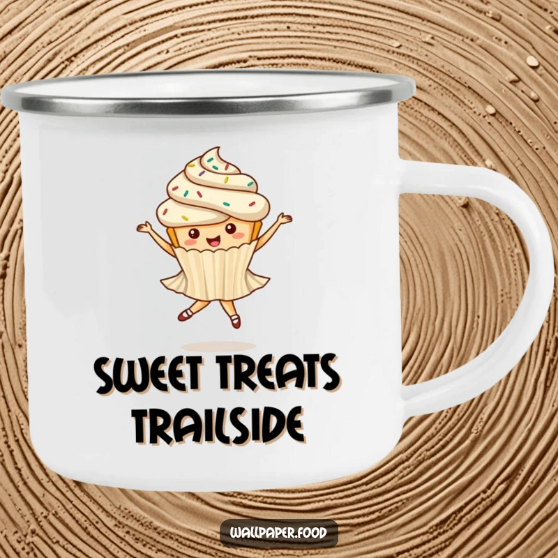 Funny camping mug featuring a whimsical cupcake with sprinkles doing a ballet twirl, bringing ballet joy to outdoor sipping.