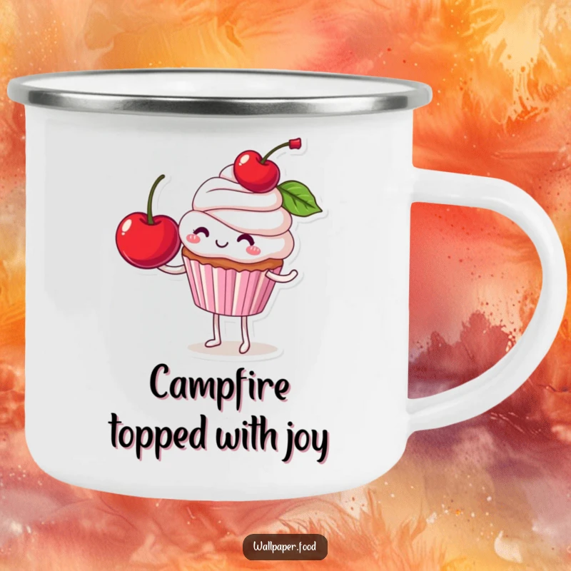 Funny camping mug showing a smiling cupcake character balancing a giant cherry, perfect for rustic humor and outdoor enjoyment.