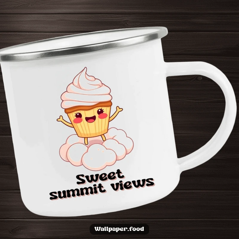 Funny camping mug showing a happy cupcake character bouncing on a whipped cream cloud, ideal for enjoying drinks outdoors.
