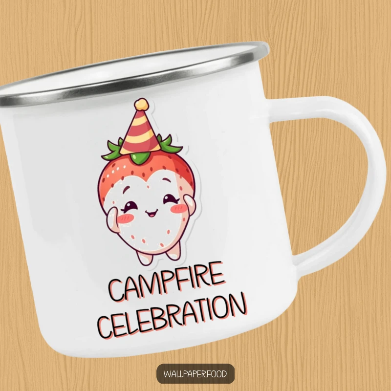 Funny Curious Strawberry Camping Mug, a sweet character with a party hat, ready to add cheer to any outdoor occasion.